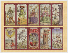 Set of tarot cards with colorful illustrations on a wooden background