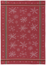 Red tea towel with white snowflake pattern and green stripes