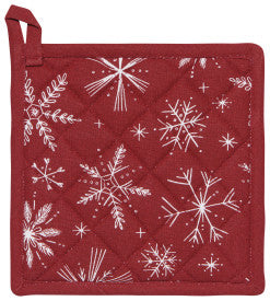 Red pot holder with white snowflake pattern on a red background
