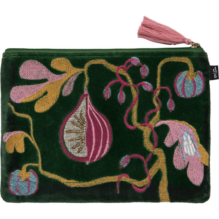 A dark green velvet zipper pouch featuring intricate hand-embroidered botanical motifs in pink, gold, and light blue, complete with a matching pink tassel zipper pull.