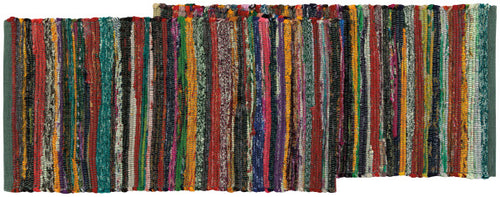 Multicolored striped table runner with a woven pattern