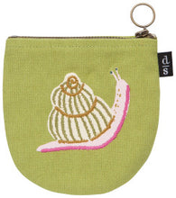 Green pouch with a snail design on a white background