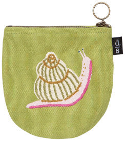 Green pouch with a snail design on a white background