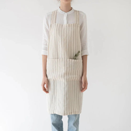 Linen Tales Crossback Apron - Natural White Stripes