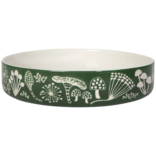 Green Stoneware Bowl with White Mushroom and Plant Pattern on a Forest Green Background Canada Danica