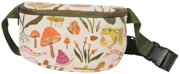 Fanny pack with nature-themed design featuring mushrooms and frogs on a white background