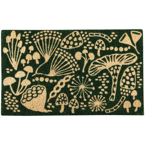 Danica Canada decorative doormat with forest-themed design featuring animals and plants on a green background
