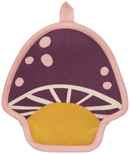 Mushroom-shaped potholder with purple top, yellow bottom, and pink border on a white background