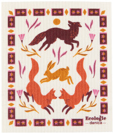 Decorative fabric with fox illustrations and 'Ecoologie' branding