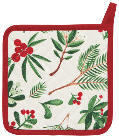 Potholder with holly leaf and berry pattern on a white background