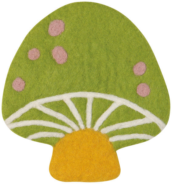 Mushroom-shaped wool trivet with green cap, pink spots, and yellow stem on a white background