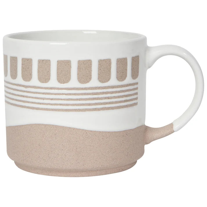 White mug with beige stripes and base on a white background