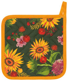 Floral pot holder with sunflowers and other flowers on a green background