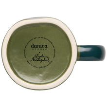 Top-down view of a ceramic mug showing its interior, featuring a sage green glazed base, a cream-colored rim, and a dark teal handle. The inside is printed with the brand names 'danica STUDIO' and 'Linda Aristizabal'.
