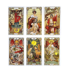 Set of six tarot cards with intricate artwork and characters on a white background