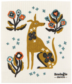 Decorative cloth with a dog and floral design, featuring the brand 'Danica'.