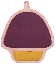 Backside of purple pot holder with pink rim and yellow base on a white background