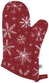 Red oven mitt with white snowflake pattern on a white background